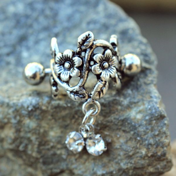 Flower Vine Cartilage Cuff – Antique Floral 316L Stainless Steel Ear Cuff with Clear CZ Drops on rock display