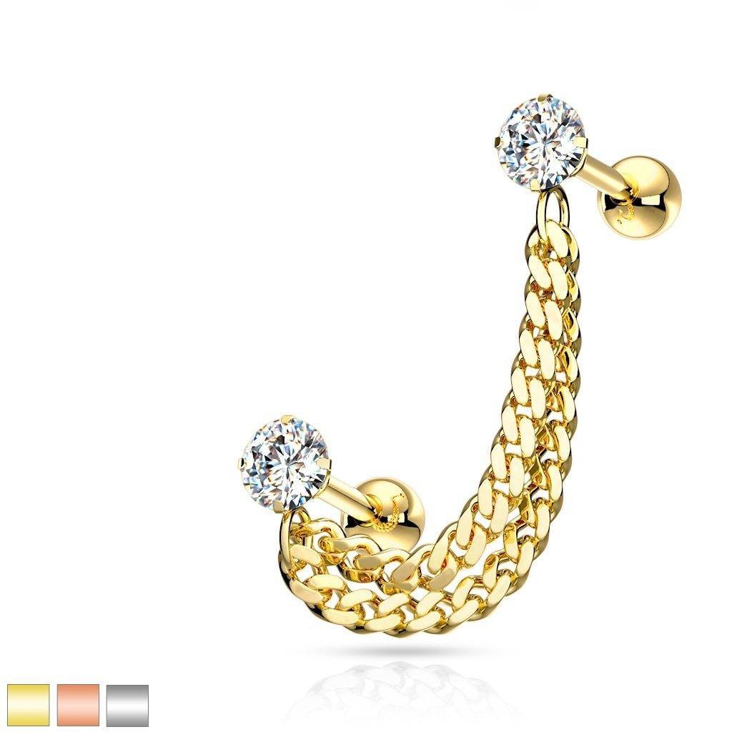 Double Chain Gem Cartilage Bar 16G. 20mm-My Body Piercing Jewellery