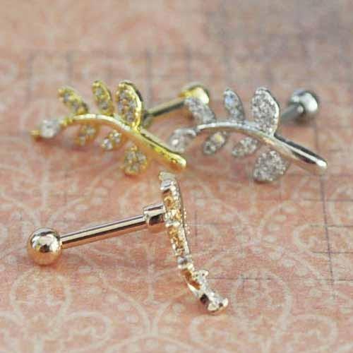 Gem Paved Leaf Cartilage Bar 16G-My Body Piercing Jewellery