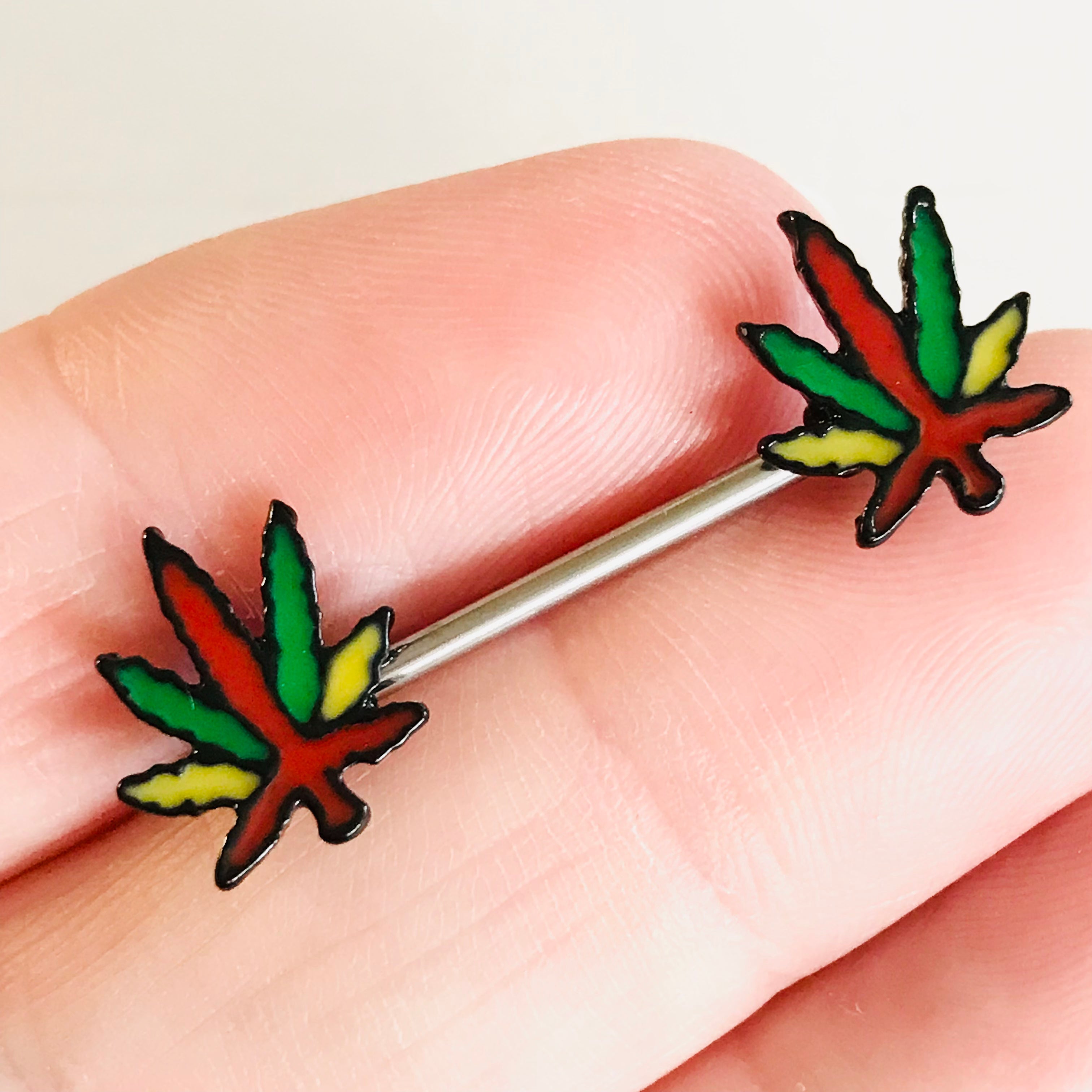 Rasta Pot Leaf Nipple Bar 14G (Single)-My Body Piercing Jewellery