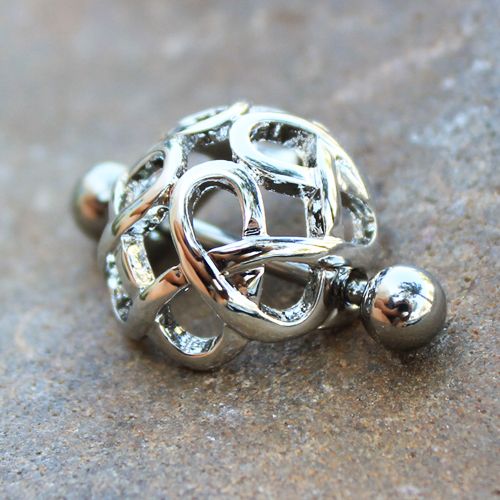 Dome Nipple Cuff – 316L Stainless Steel Barbell with Ornate Polished Dome Shield Design on rock background