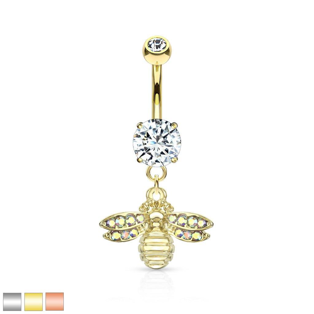 Paved Bee Dangle Belly Bar 14G-My Body Piercing Jewellery
