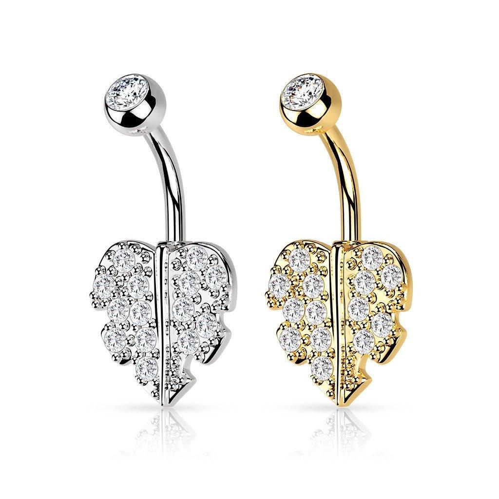 Paved Heart Leaf Belly Bar 14G-My Body Piercing Jewellery