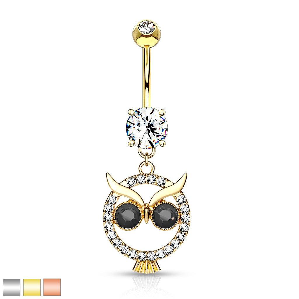Paved Owl Dangle Belly Bar 14G-My Body Piercing Jewellery