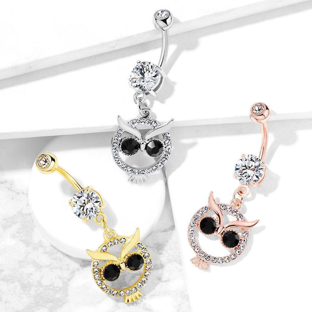 Paved Owl Dangle Belly Bar 14G-My Body Piercing Jewellery