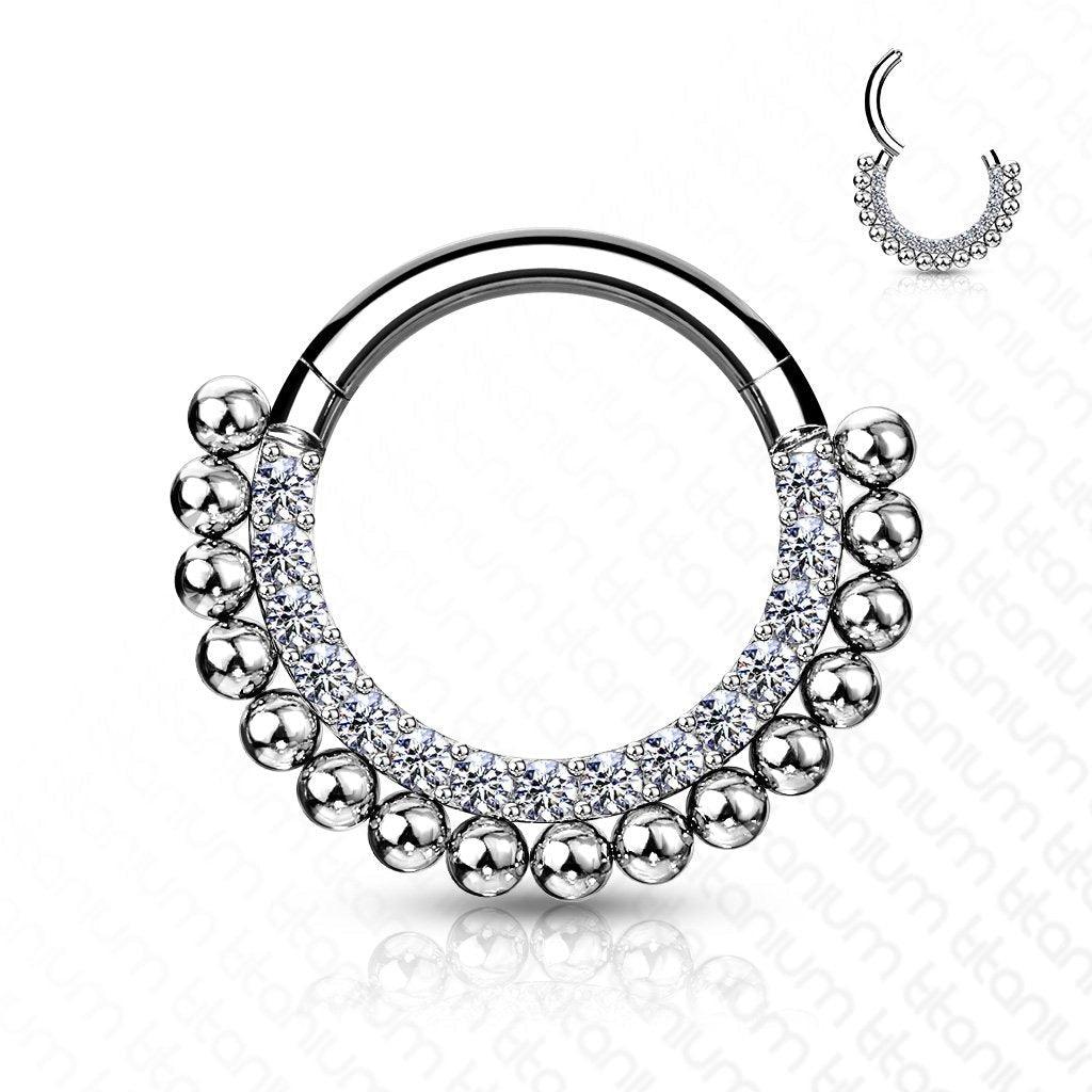 Body Jewelry - Titanium Beaded And Paved Hinged Ring 16G