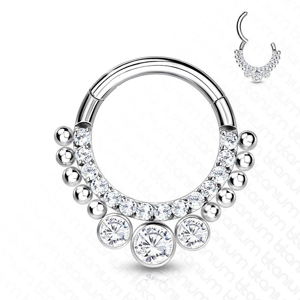Body Jewelry - Titanium Beaded And Paved Hinged Ring 16G