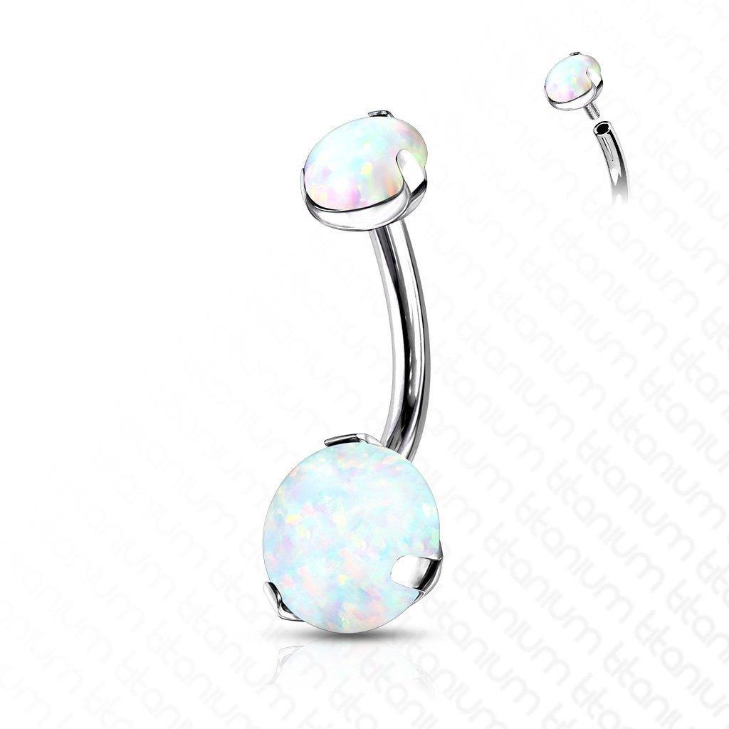 Body Jewelry - Titanium Double Opal Prong Belly Bar 14G