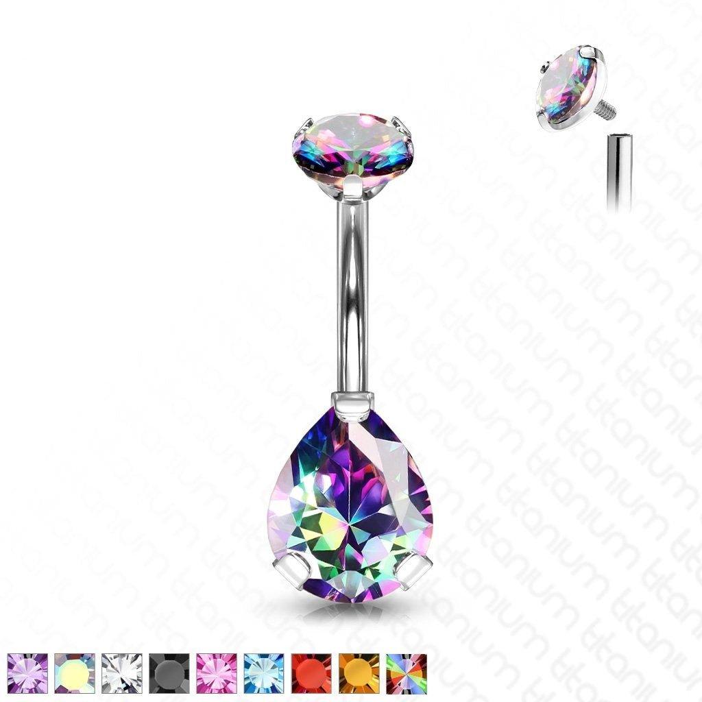 Body Jewelry - Titanium Prong Drop Gem Belly Bar 14G