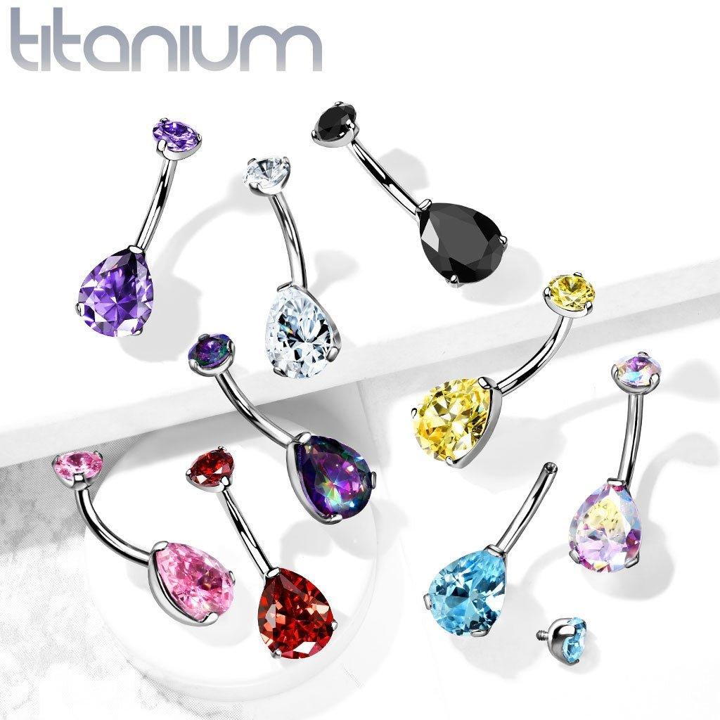 Body Jewelry - Titanium Prong Drop Gem Belly Bar 14G