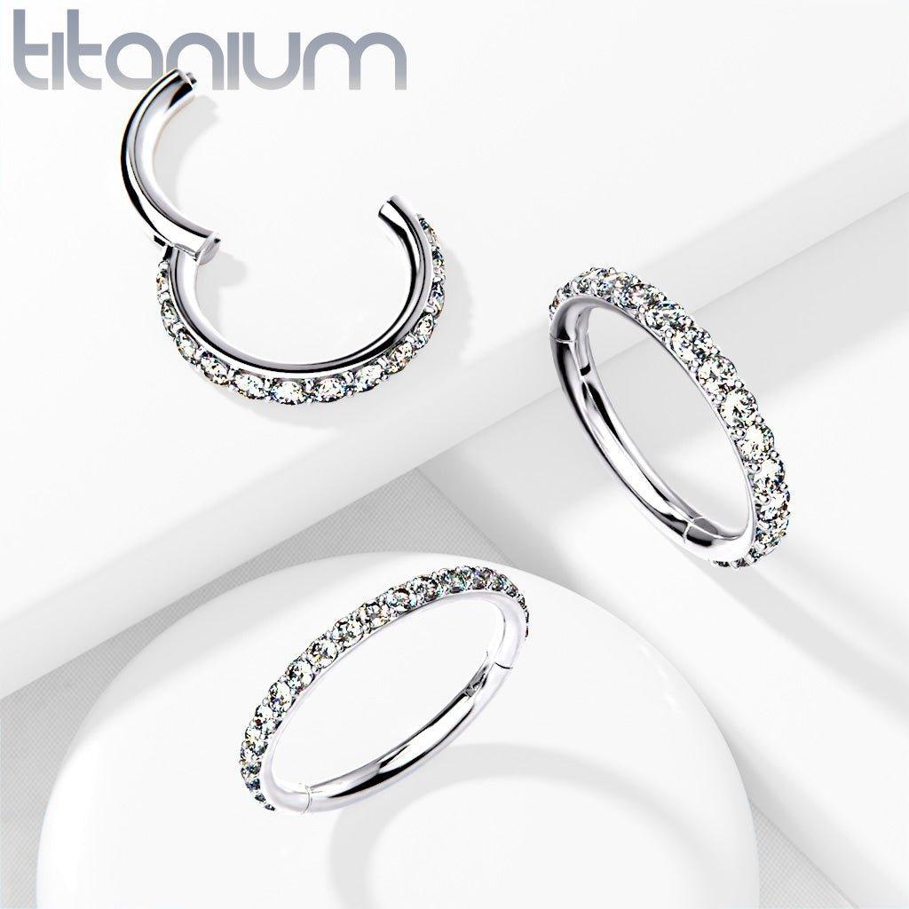 Body Jewelry - Titanium Side Paved Hinged Ring 18G 16G