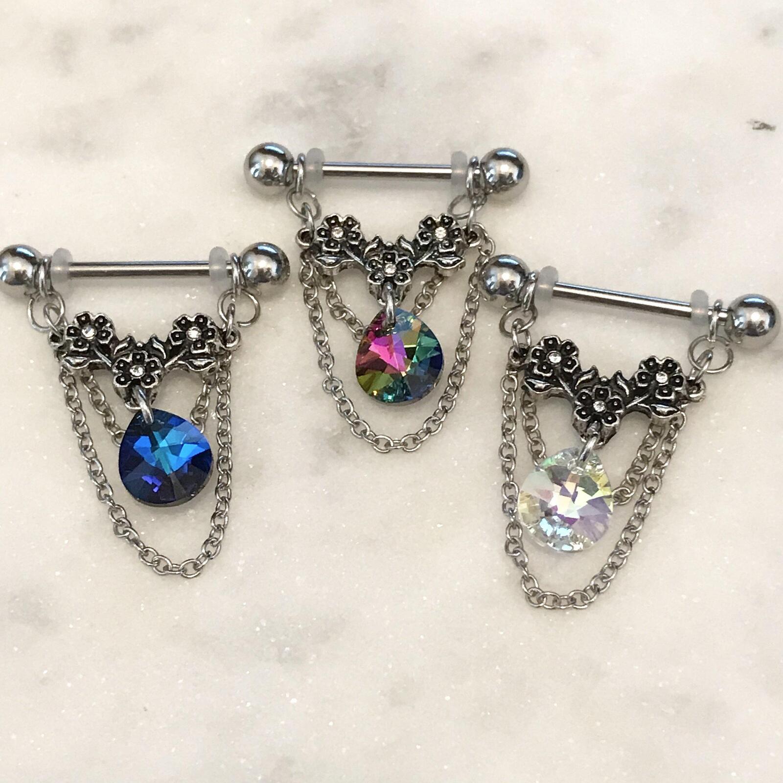 Body Jewelry - Triple Flower Chain Nipple Dangle 14G 14mm