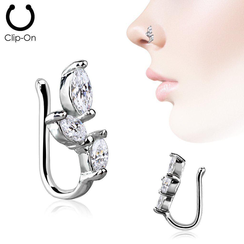 Body Jewelry - Triple Marquise Gem Non-Piercing Nose Ring