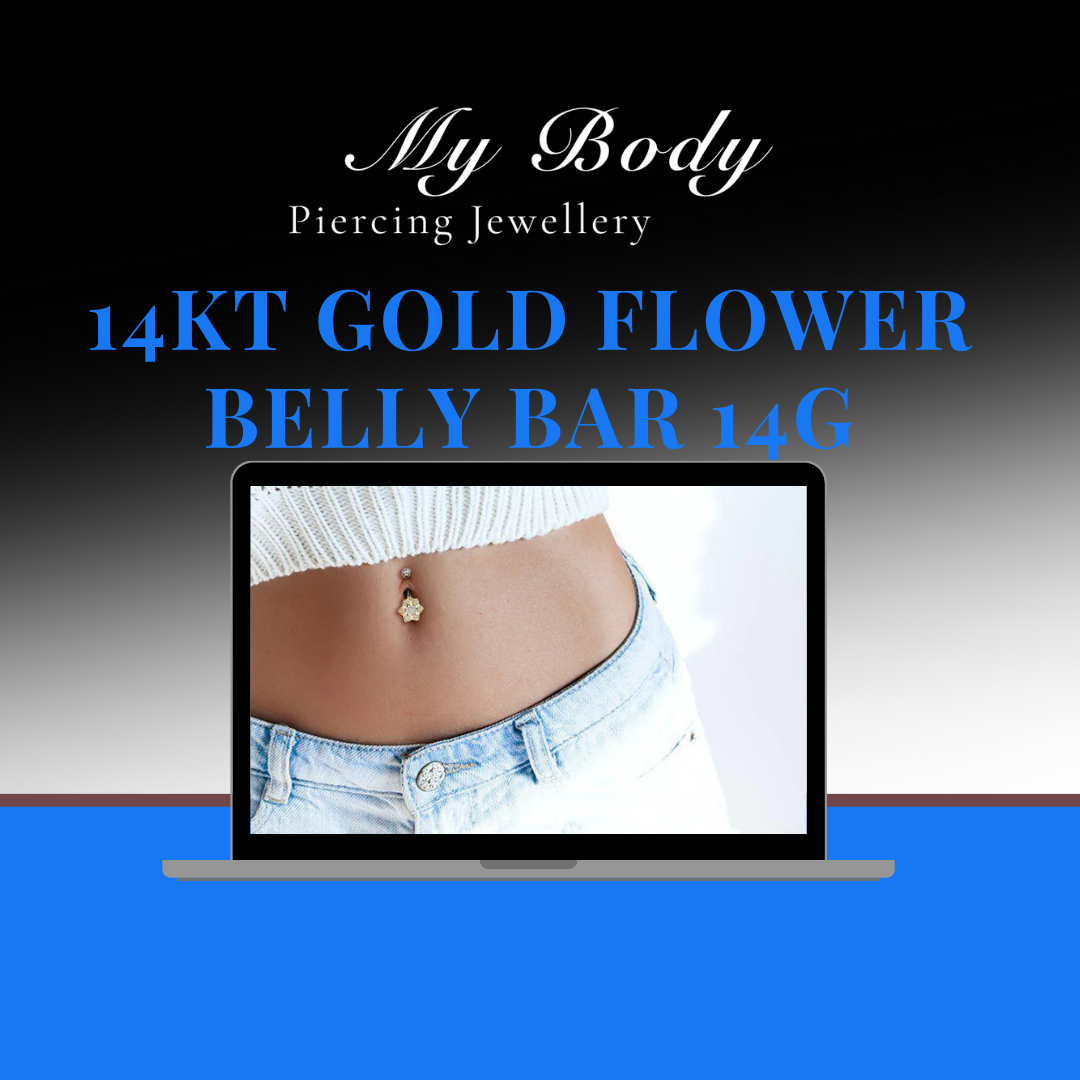 14kt Gold Flower Belly Bar 14G: Timeless Gold with a Floral Touch