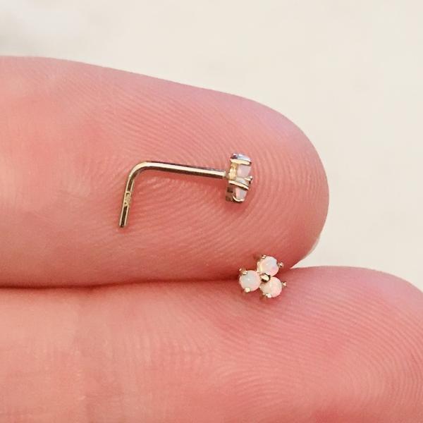 14kt Gold 3 Opal Nose L Bend 20G-My Body Piercing Jewellery