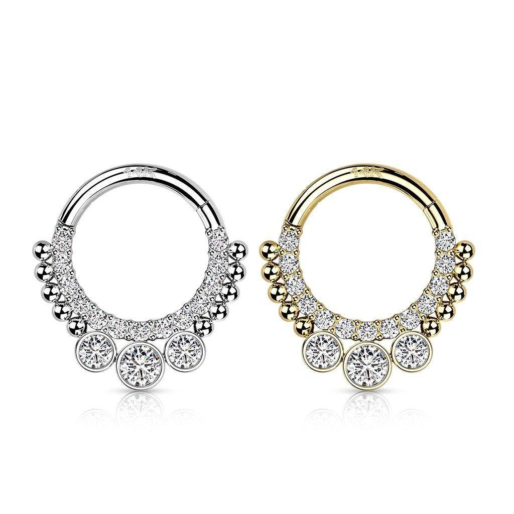 14kt Gold Beaded Gem Hinged Ring 16G-My Body Piercing Jewellery