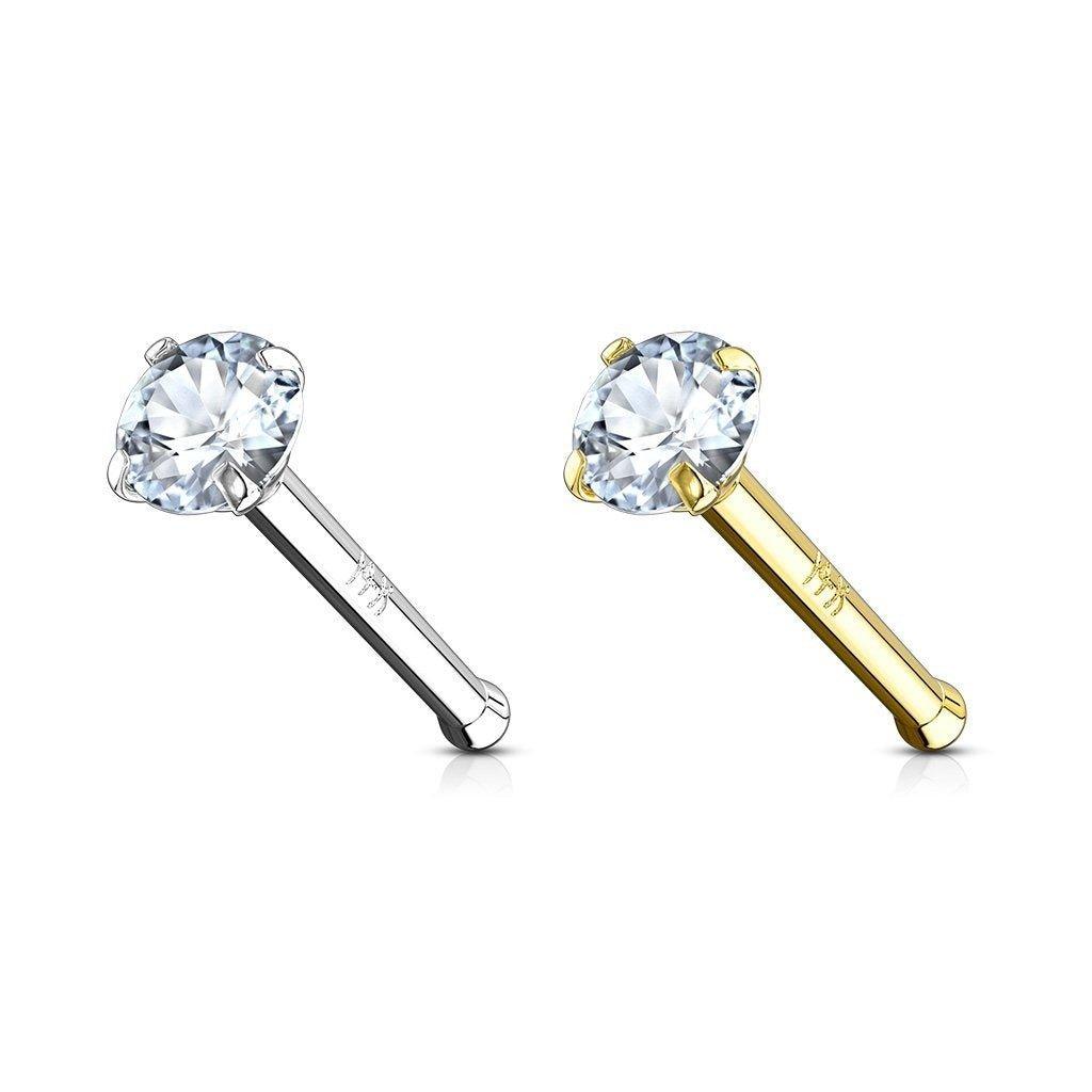 14kt Gold Clear Prong Gem Nose Bone 20G-My Body Piercing Jewellery