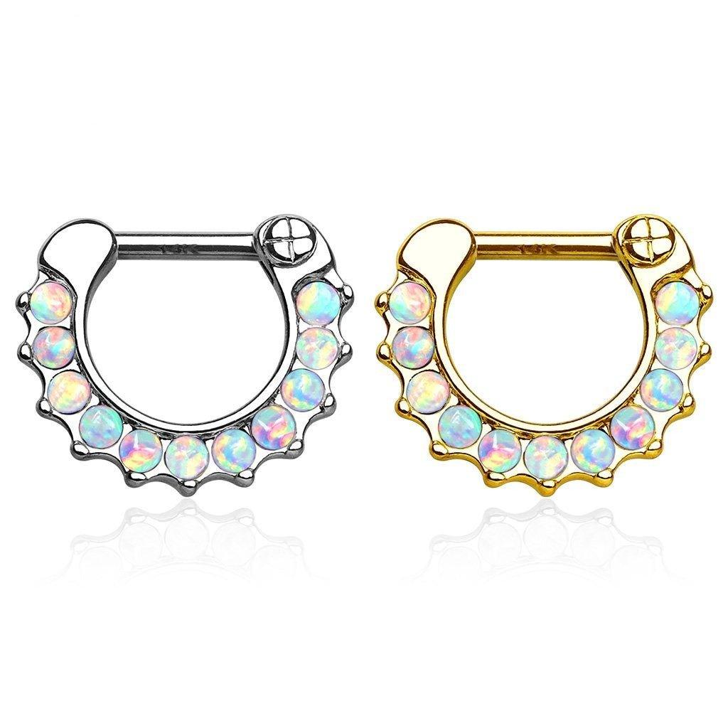 14kt Gold Opal Paved Septum Clicker 16G-My Body Piercing Jewellery