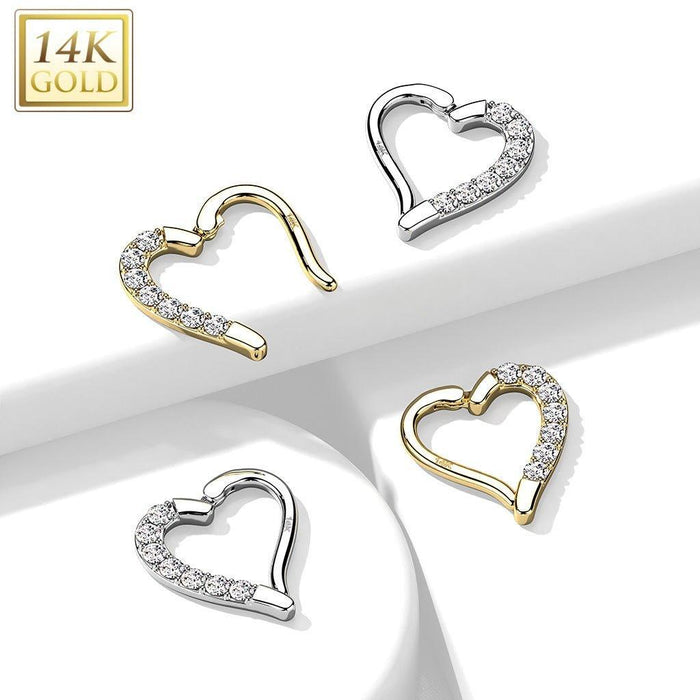 14kt Gold Paved Heart Hinged Daith Ring 16G-My Body Piercing Jewellery
