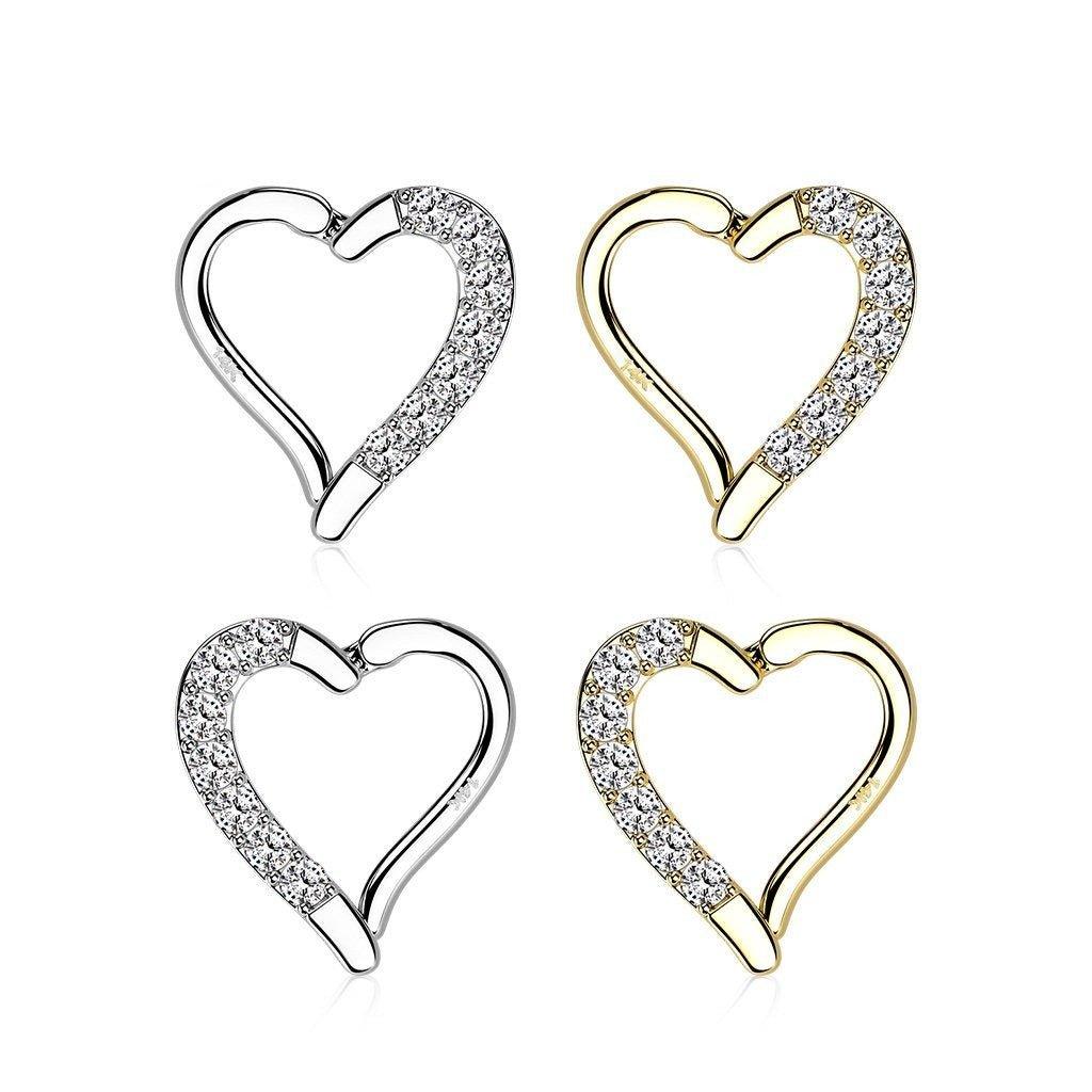 14kt Gold Paved Heart Hinged Daith Ring 16G-My Body Piercing Jewellery