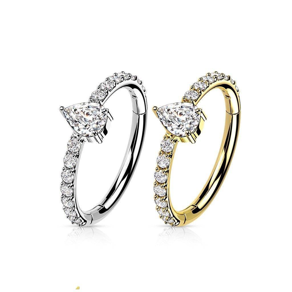 14kt Gold Side Paved Drop Hinged Ring 16G-My Body Piercing Jewellery