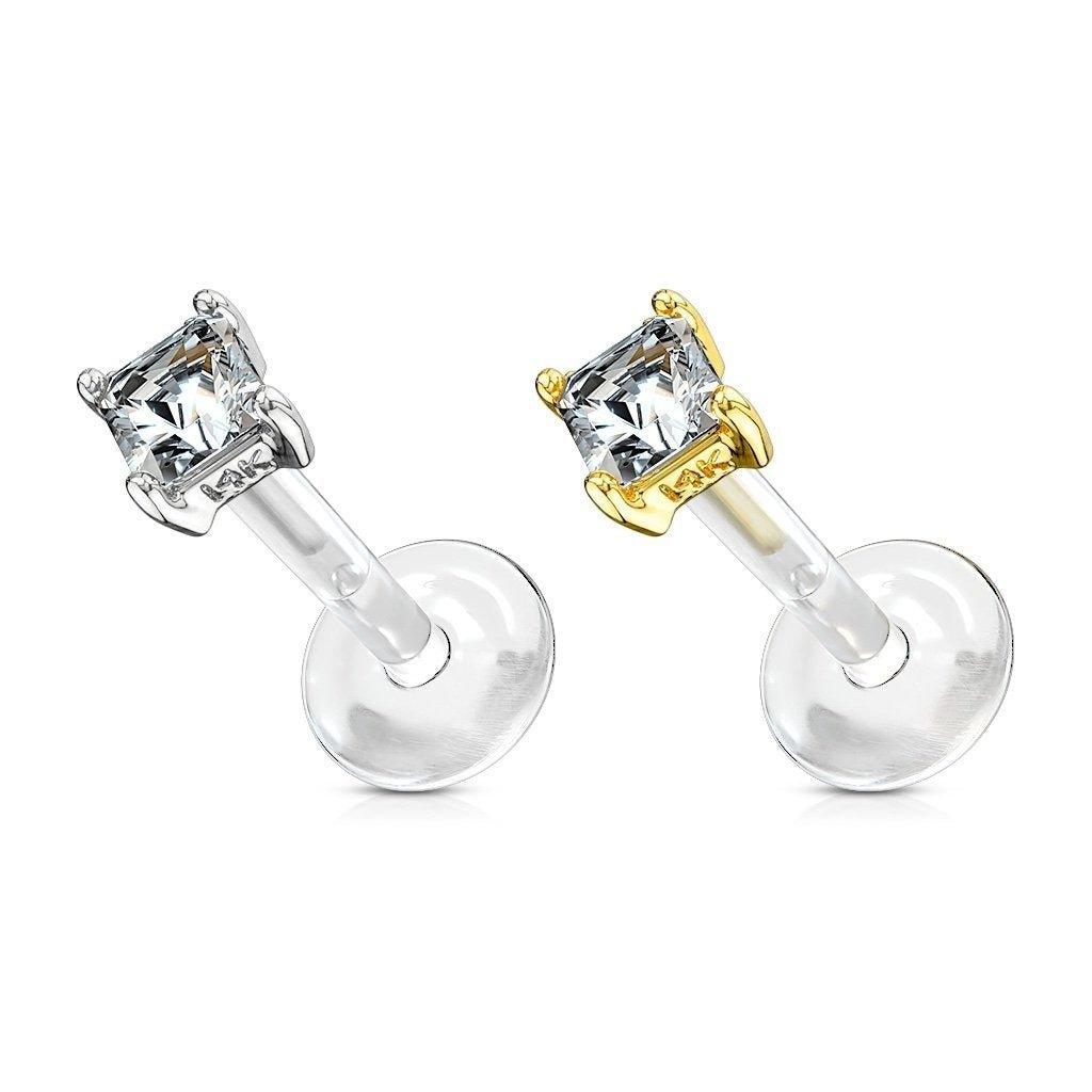 14kt Gold Square Gem Bioflex Labret 16G-My Body Piercing Jewellery