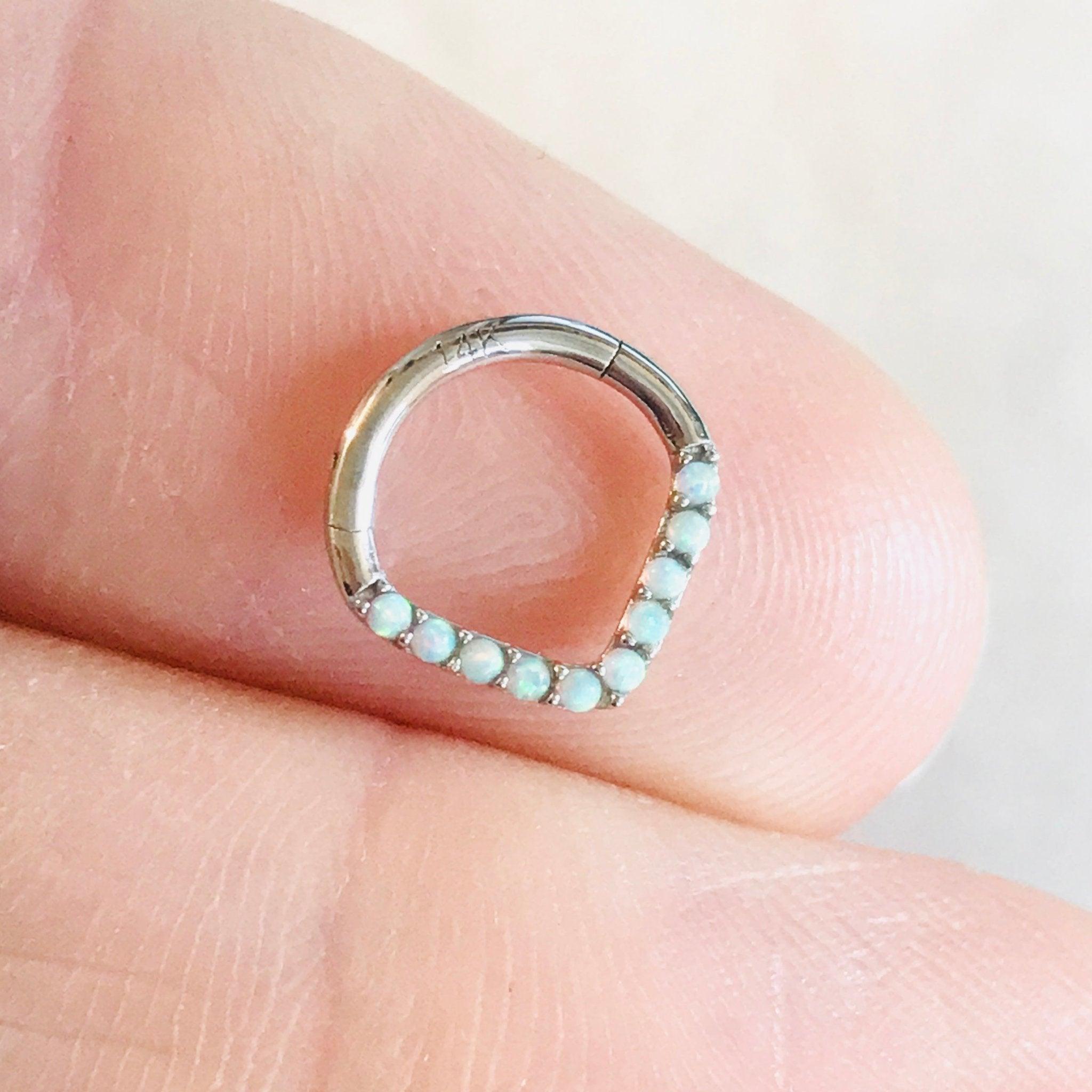 14kt White Gold Chevron Opal Hinged Ring-My Body Piercing Jewellery