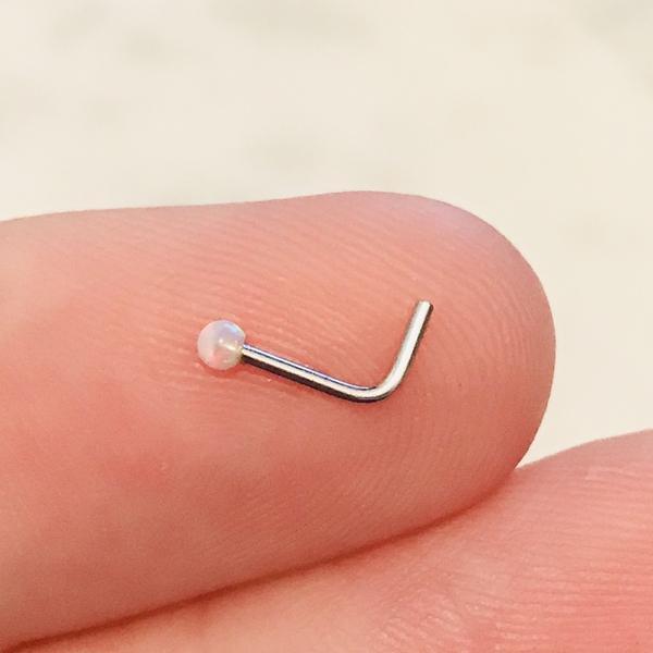 14kt White Gold Opal Ball Nose L Bend 20G-My Body Piercing Jewellery