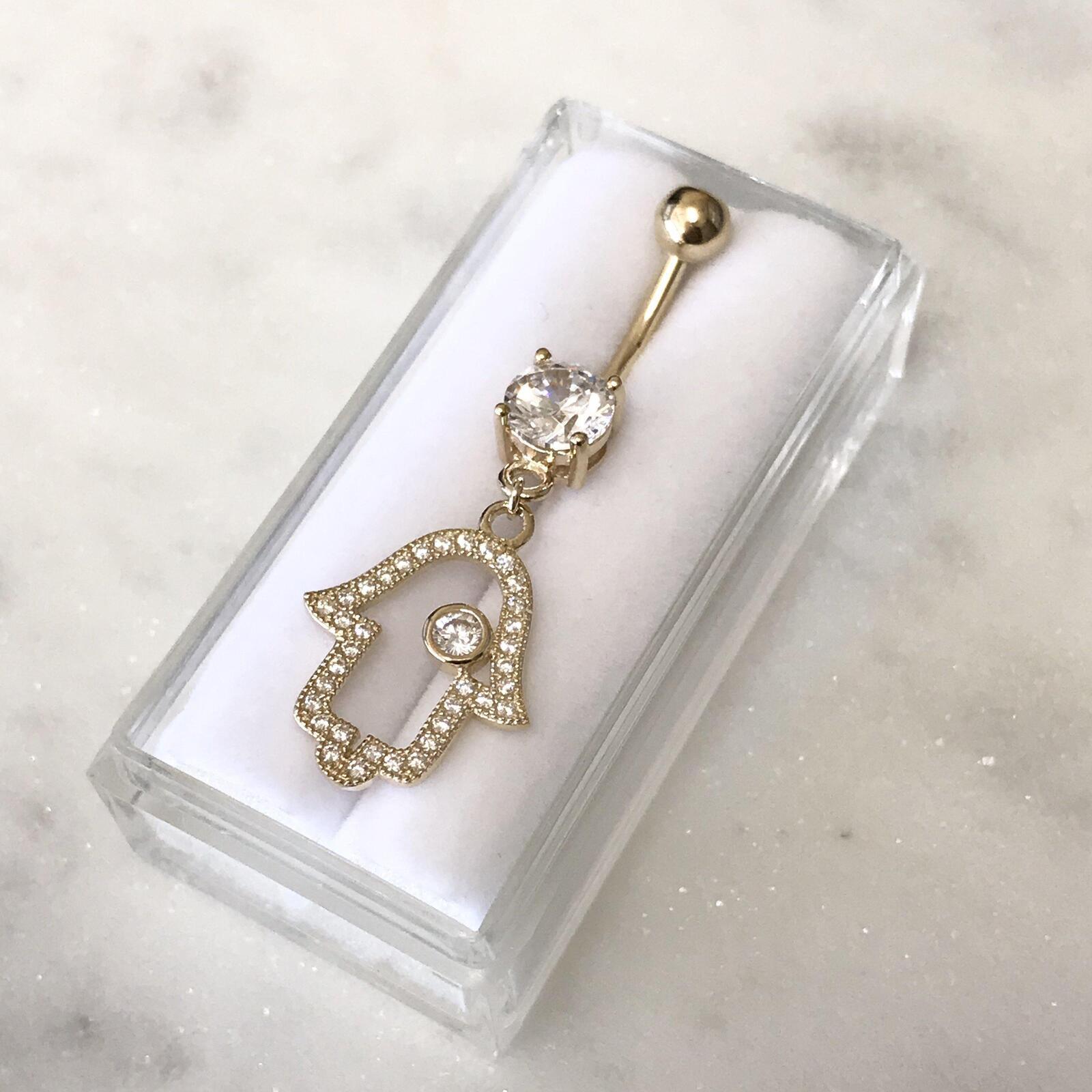 14kt Yellow Gold Hamsa Dangle Belly Bar 14G-My Body Piercing Jewellery