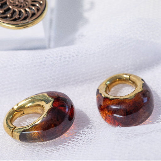 Epoxy Brass Drop Hanger Pair – Amber Coloured Epoxy with Brass Clicker Design on tulle background