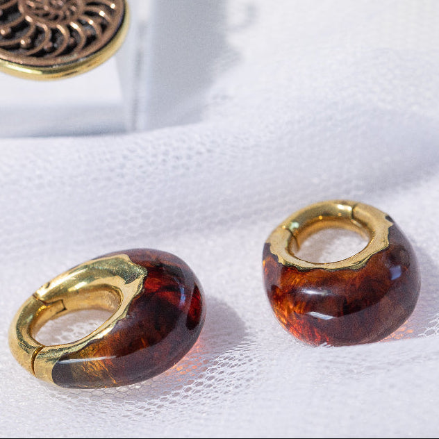 Epoxy Brass Drop Hanger Pair – Amber Coloured Epoxy with Brass Clicker Design on tulle background