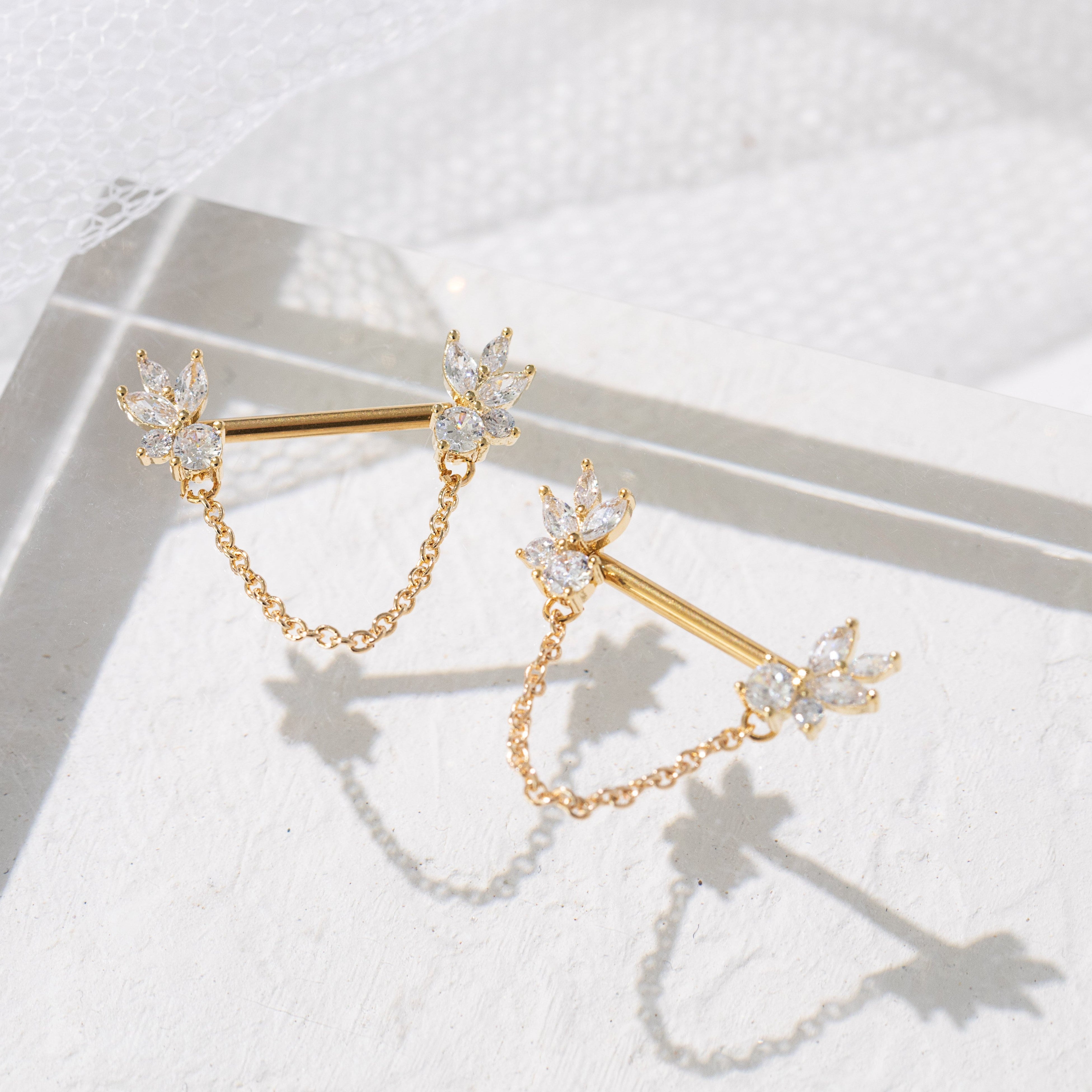 Marquise CZ Fan Nipple Barbell – 316L Surgical Steel 14G Threadless Bar with Chain Dangle, Gold or Silver Finish on tule background