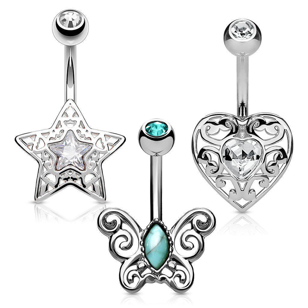 3pc Star Heart Butterfly Belly Bars 14G-My Body Piercing Jewellery