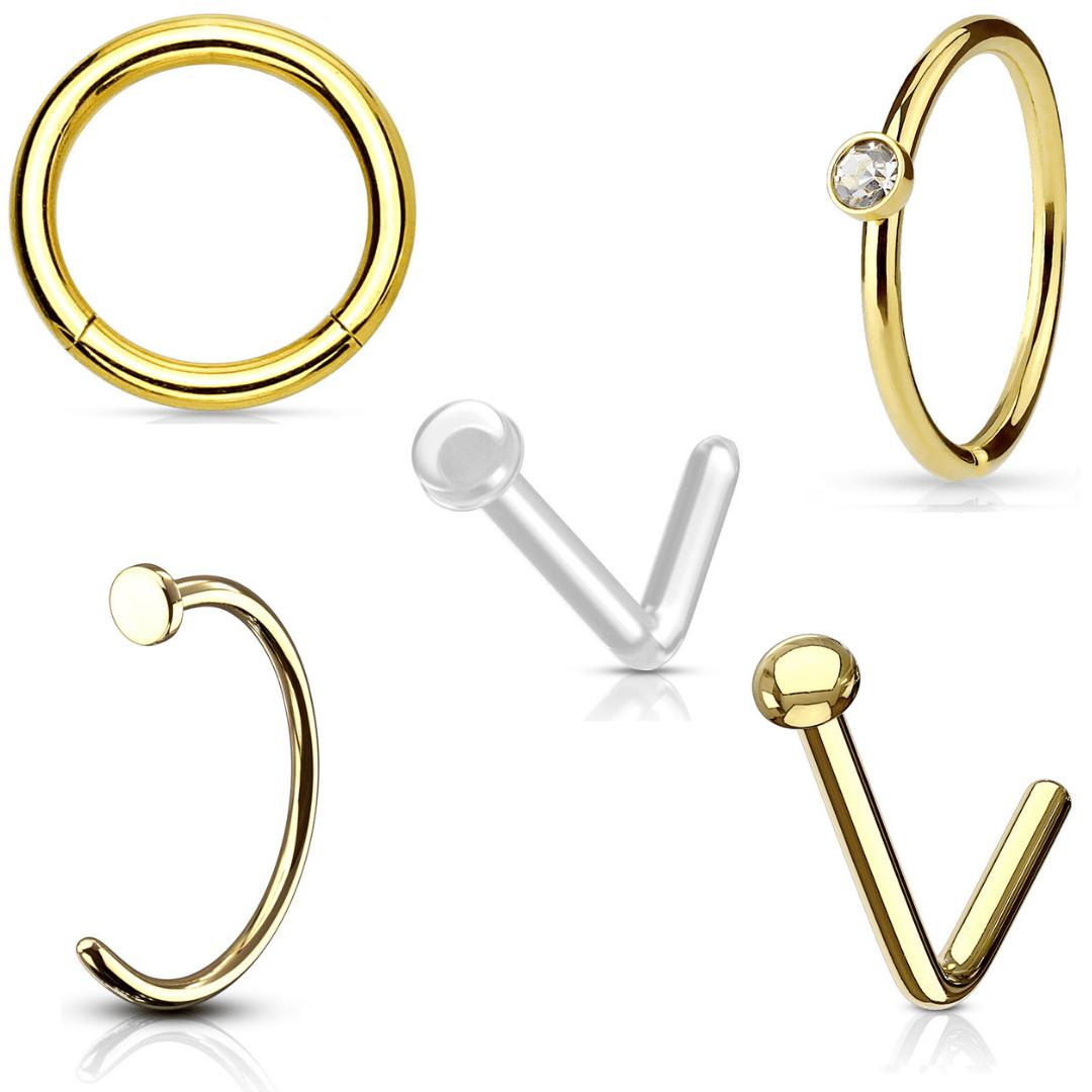 5pc Gold 20G refined nose jewellery set with hoops, bars and clear retainer