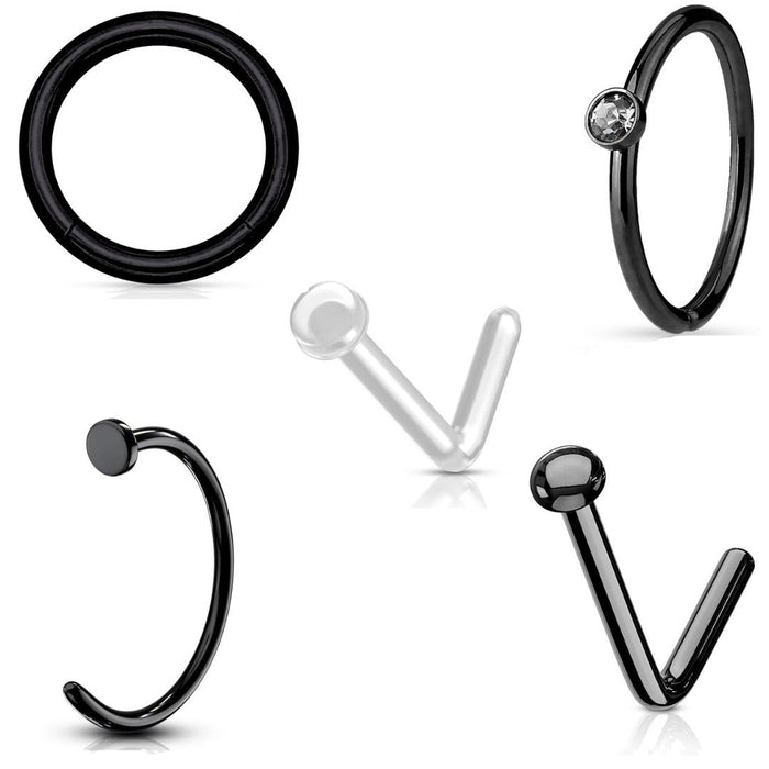 Set of black nose rings on a white background