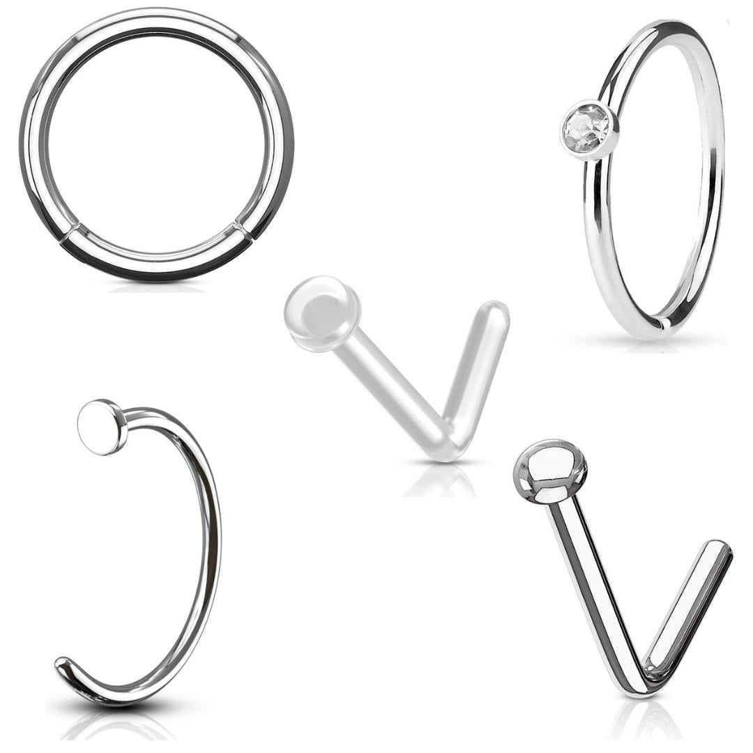5pc  Silver 20G refined nose jewellery set with hoops, bars and clear retainer