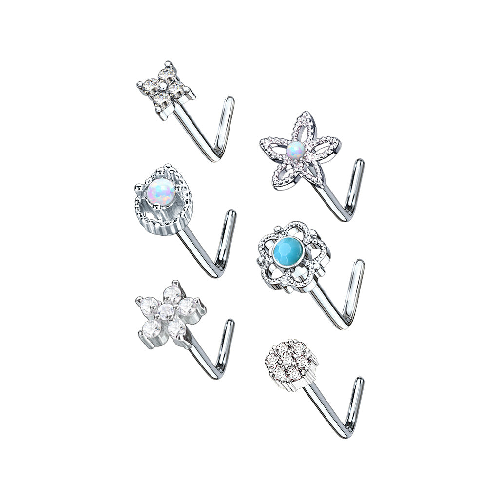 6pc turquoise and opal refined L bend 20G nose stud set with retainer – MBPJ