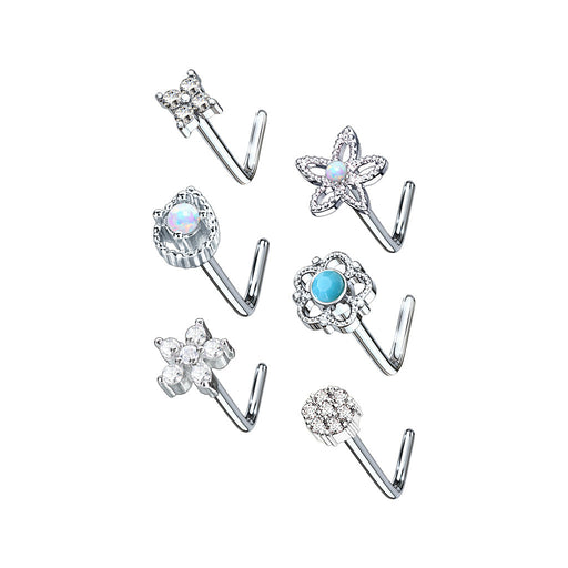 6pc turquoise and opal refined L bend 20G nose stud set with retainer – MBPJ