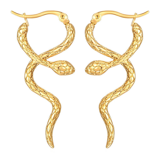 Gold snake-shaped earrings on a white background