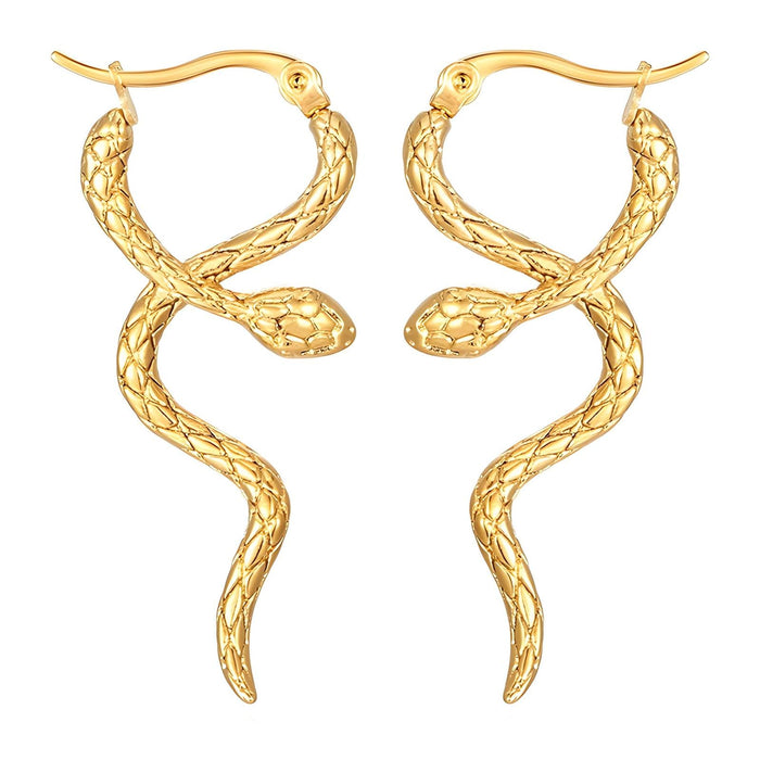 Gold snake-shaped earrings on a white background