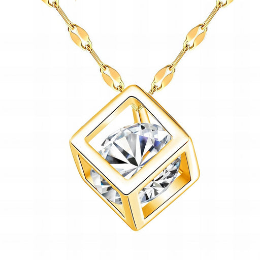 Gold necklace with a square pendant featuring a large crystal on a white background