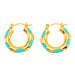 Gold hoop earrings with turquoise enamel on a white background