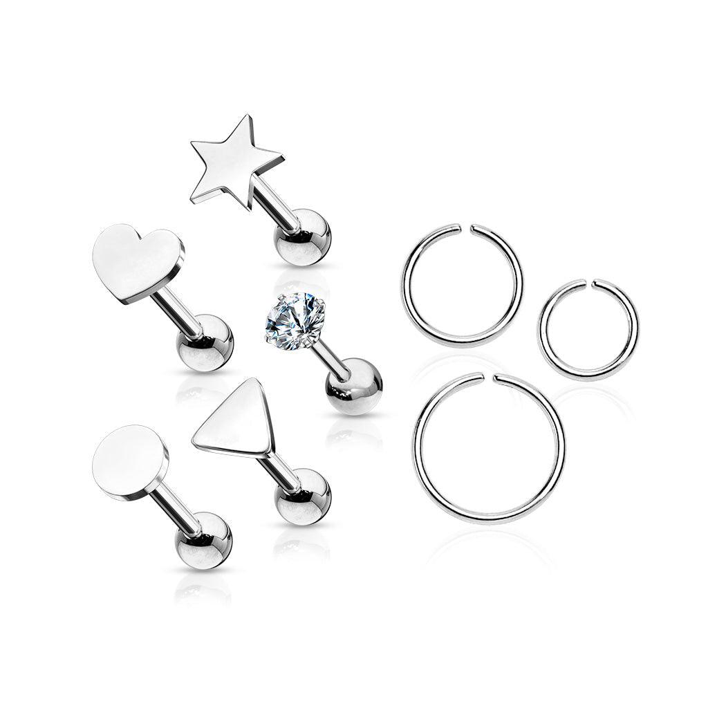 8pc Cartilage Bar and Ring Pack 16G-My Body Piercing Jewellery