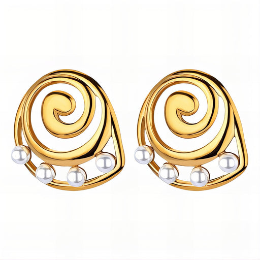 Gold spiral earrings with pearl accents on a white background