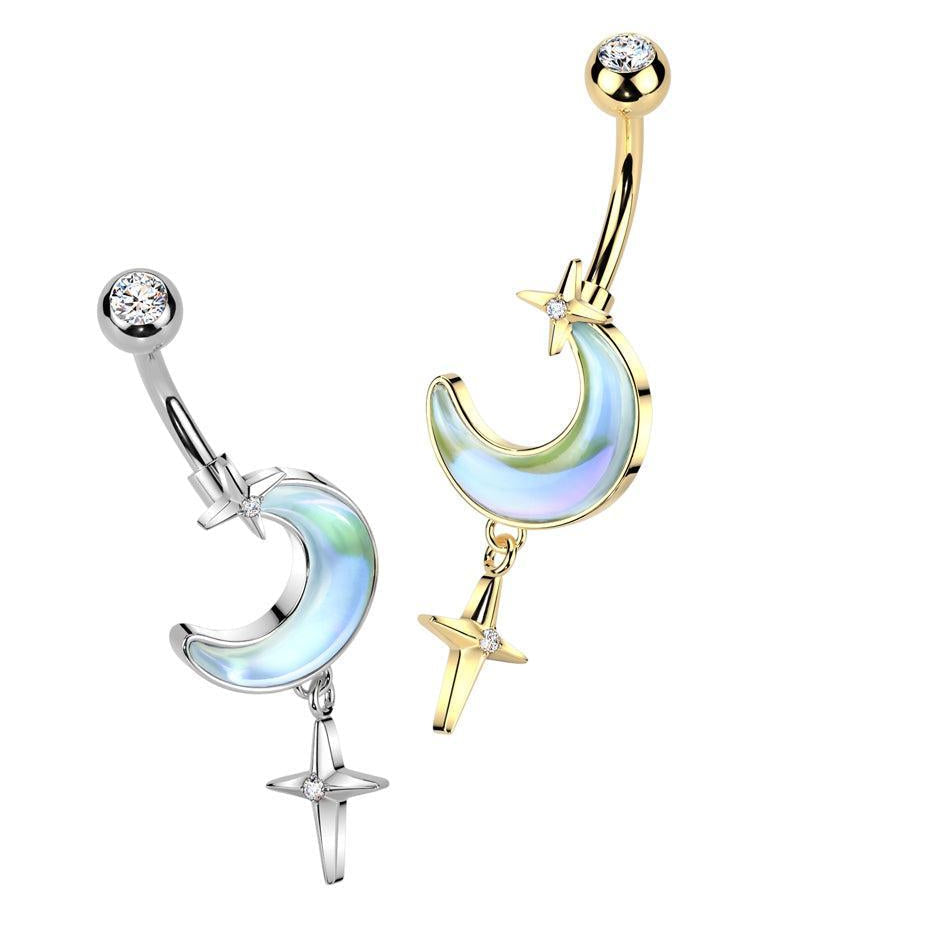 Aurora Moon Star Dangle Belly Bar 14G