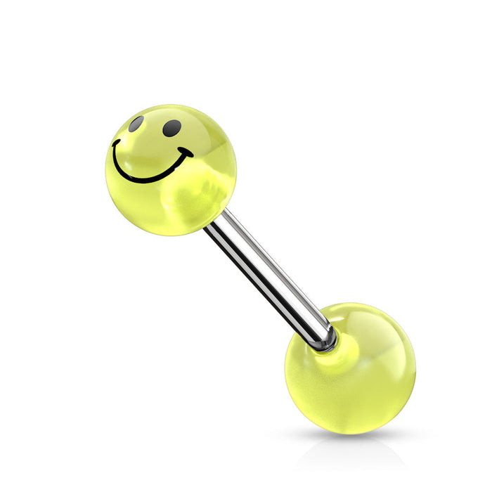 Smile Glow Tongue Barbell – 316L Surgical Steel with Green Glow Acrylic Ends for Tongue or Nipple Piercing