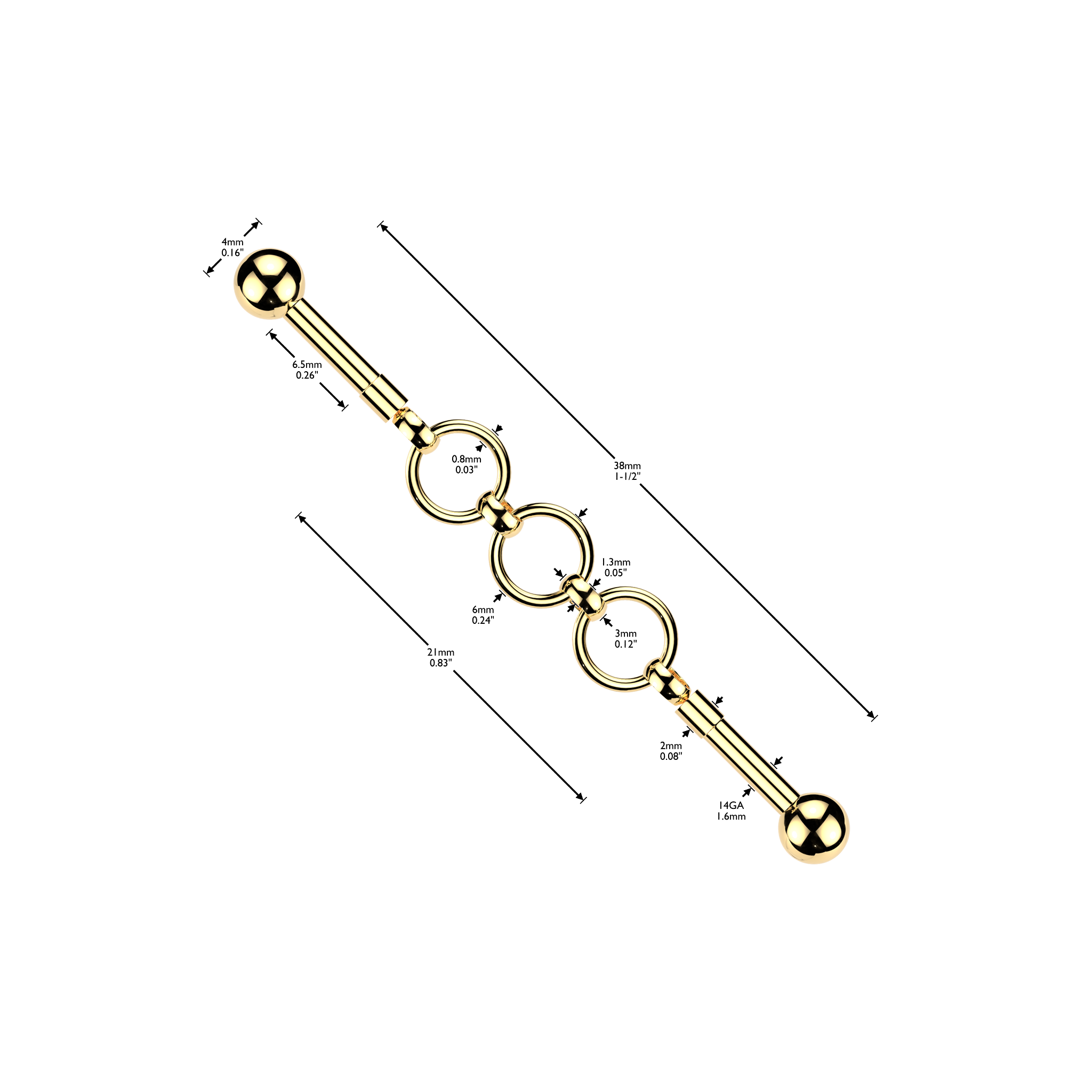 Triple Ring Connector Industrial Bar 14G