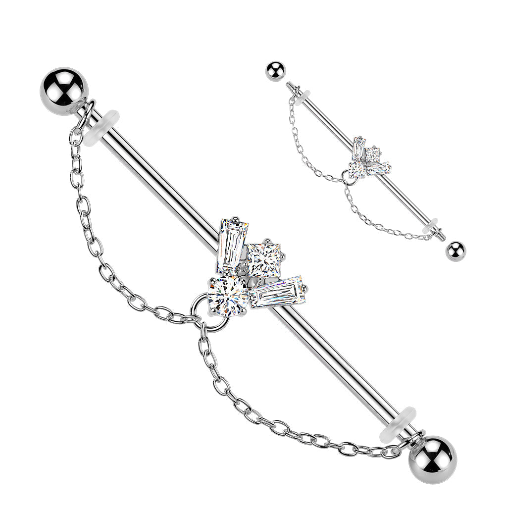 Gem Bee Chain Industrial Bar – Silver 316L Surgical Steel with CZ Gem Bee and Double Chain Accents for Industrial Piercing