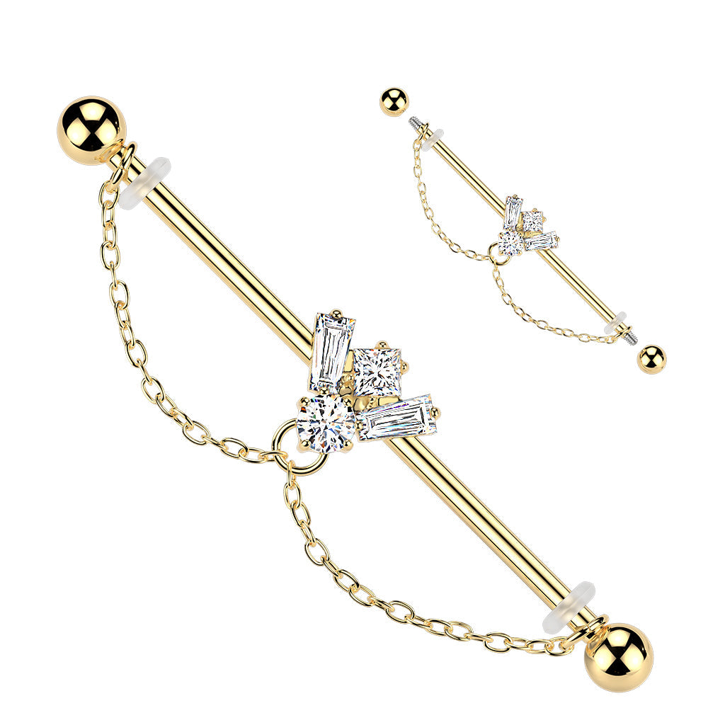 Gem Bee Chain Industrial Bar – Gold 316L Surgical Steel with CZ Gem Bee and Double Chain Accents for Industrial Piercing