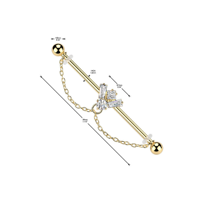 Gem Bee Chain Industrial Bar with measurements – Gold or Silver 316L Surgical Steel with CZ Gem Bee and Double Chain Accents for Industrial Piercing